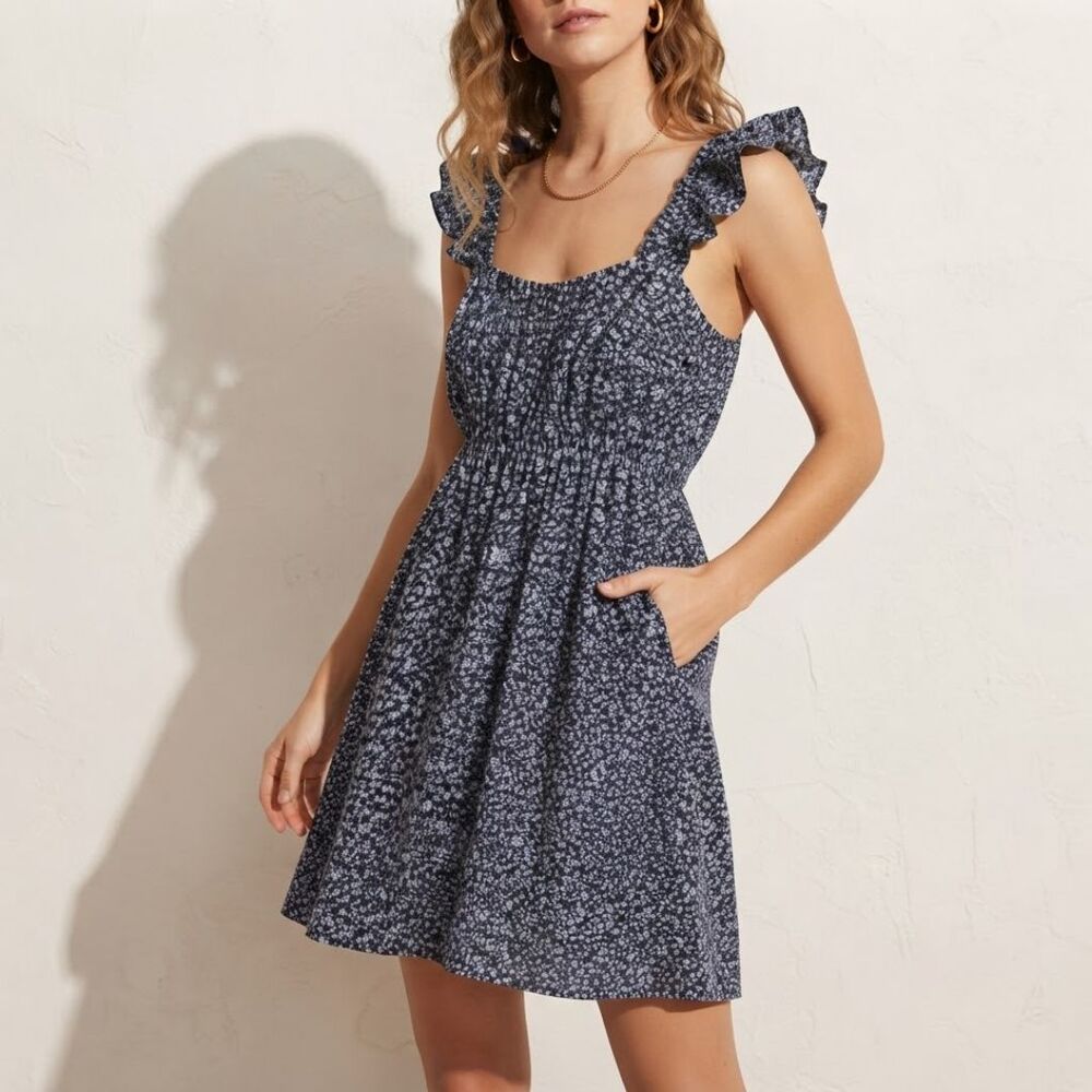 Abercrombie & Fitch Navy Floral Linen Blend Mini Dress Elastic Waist Pockets M